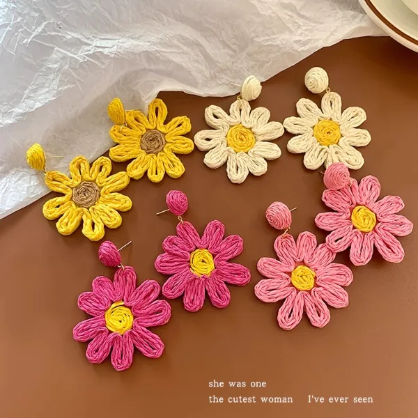 非金属布艺耳饰 手工编织太阳花耳环 2025新款个性夸张大花朵耳坠