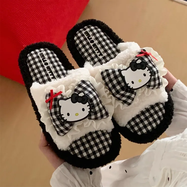 细细条 正版HelloKitty居家棉拖鞋女冬网红可爱防滑一字毛毛拖鞋