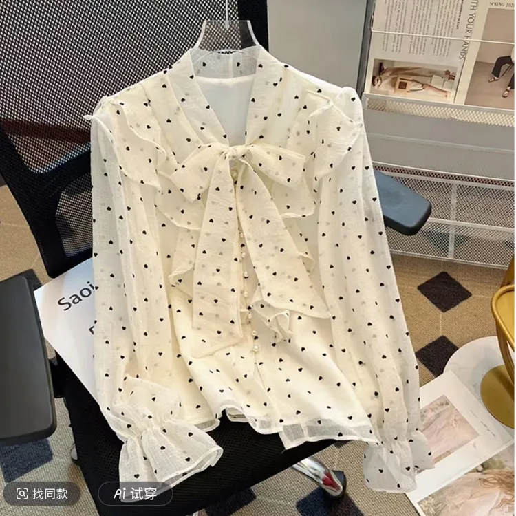 法式波点雪纺上衣女春蝴蝶结小衫气质名媛甜美荷叶边泡泡长袖衬衫