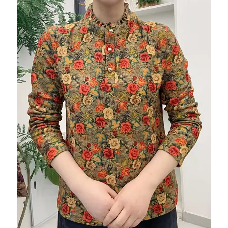 加厚一体绒冬季中老年女士过冬保暖过冬立领休闲打底衫大码小衫