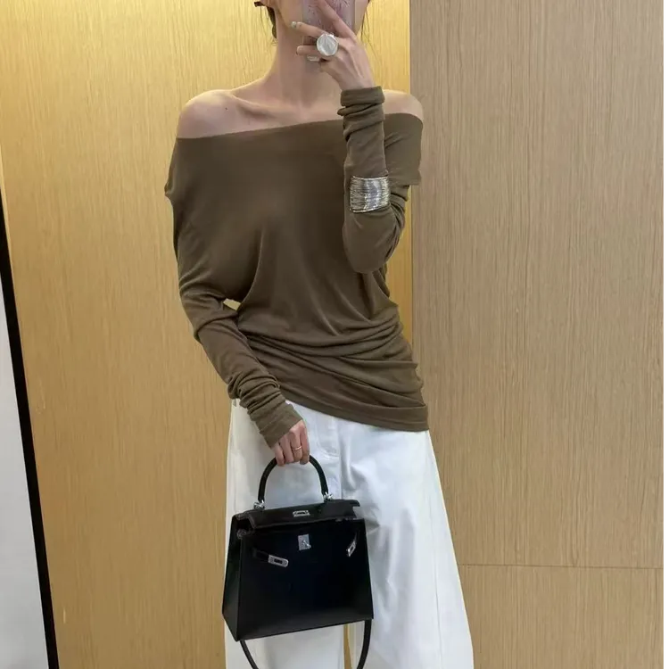 时尚新款修身一字领打底衫休闲针织显瘦羊毛长袖T恤女上衣百搭