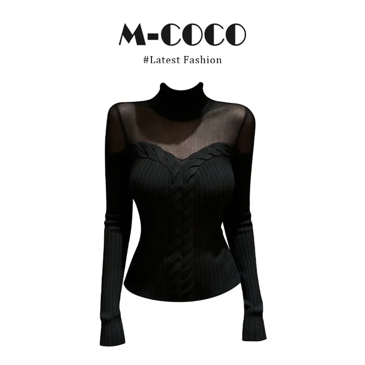 MARIE.COCO立体半高领微透拼接麻花针织衫女冬季收腰显瘦打底衫女