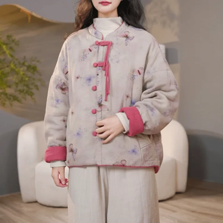 两面穿新中式棉服短外套女冬季宽松加厚保暖国风印花盘扣棉衣袄子