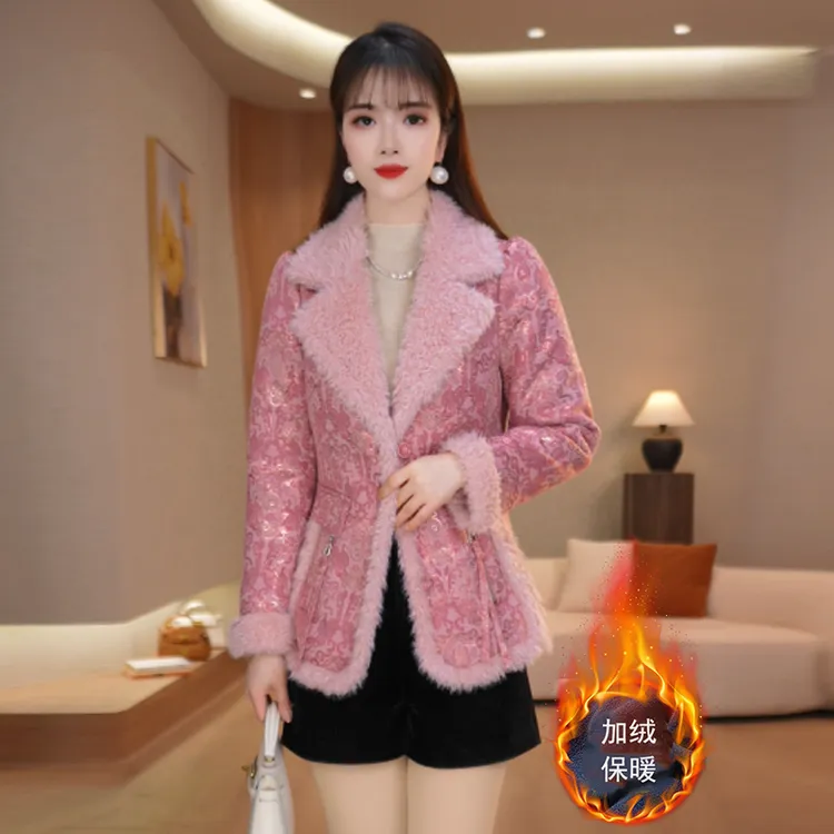 美瑞皮毛一体外套女冬季2025新款显瘦加绒加厚小香风短款休闲上衣