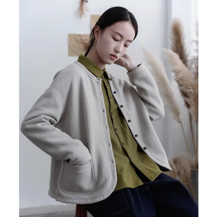麻享【加绒小毛球】汉麻棉文艺长袖短外套圆领开衫撞色卫衣FSY51072