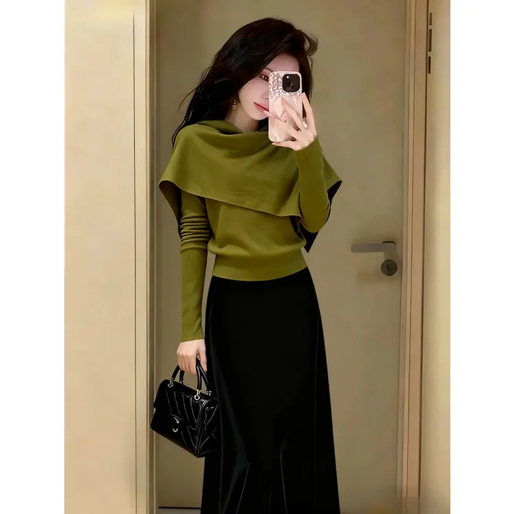韩系一整套深冬穿搭绿色披肩毛衣女长裙半身裙两件套独特漂亮套装