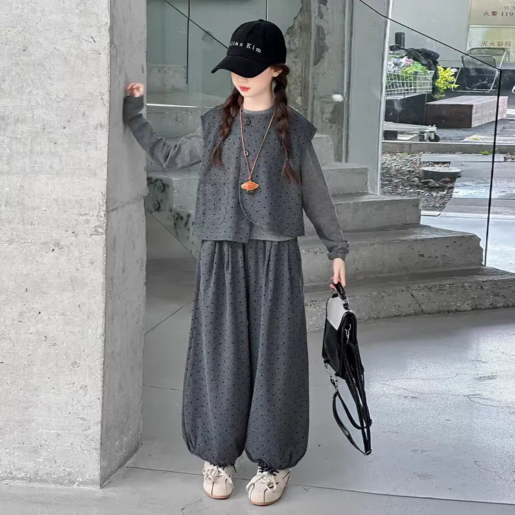 女童秋装马甲圆点灯笼裤套装2025新款韩系中大童洋气不规则三件套