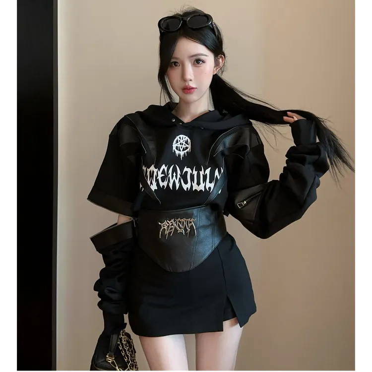 网红辣妹暗黑风重工露背腰封系带小众堆堆袖连帽卫衣女配显瘦裙裤