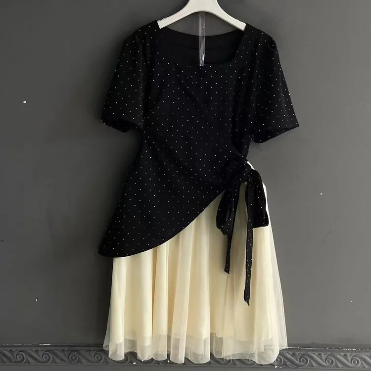 夏季极简风拼接短袖慵懒风连衣裙