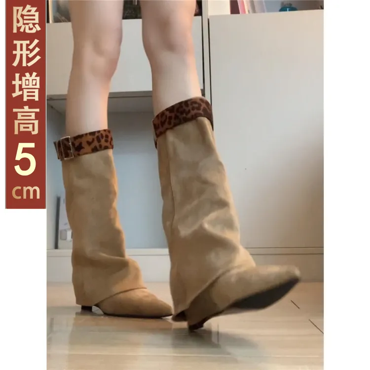 辣妹豹纹尖头裤管靴女秋2025新款复古两穿可拆卸皮带扣坡跟中筒靴