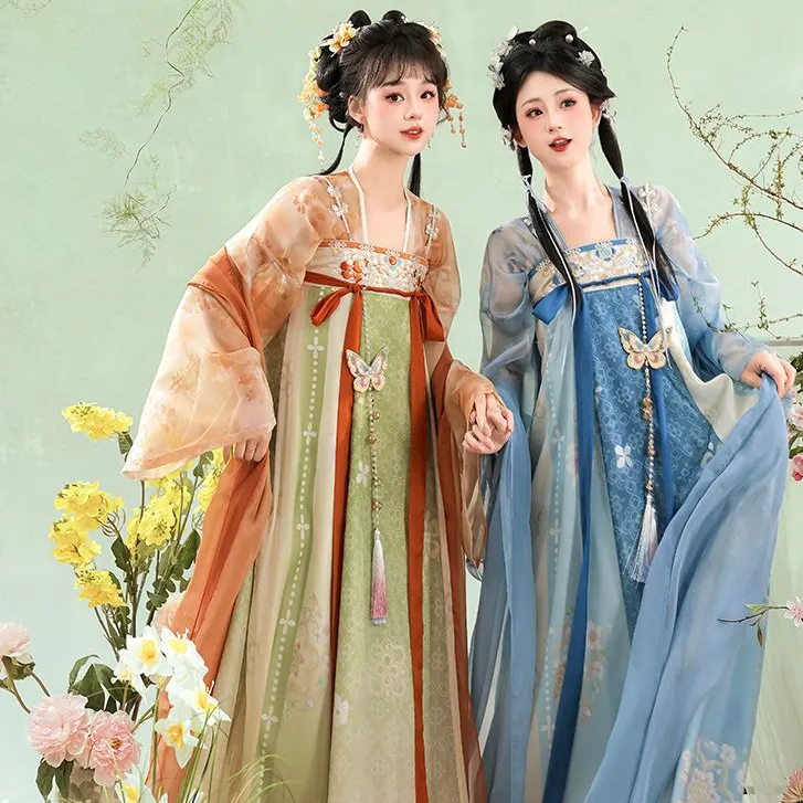 夏季唐制汉服女花满园日常对襟上衣仙气舞蹈表演古装齐胸破裙套装