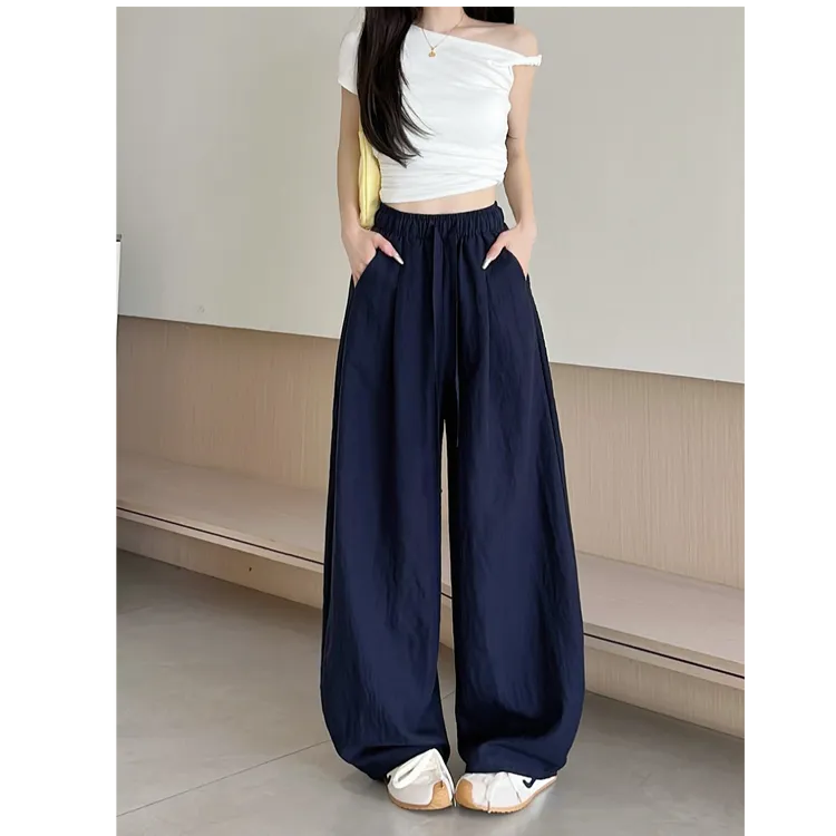 【现货运险】夏季时尚百搭阔腿裤抽绳松紧腰简约弯刀裤休闲裤KK