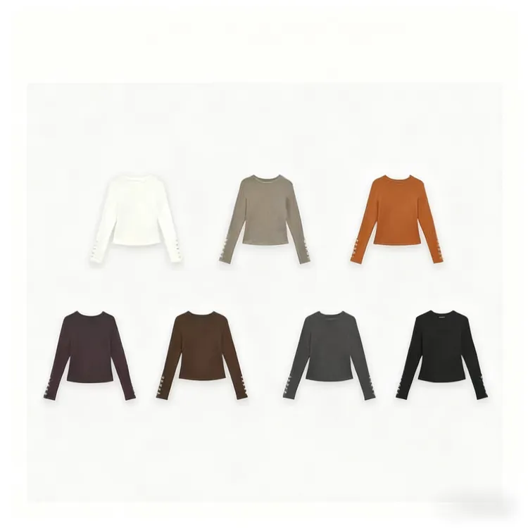 圆领袖口纽扣INS风长袖有弹力薄绒T恤修身韩版百搭显瘦时尚9193