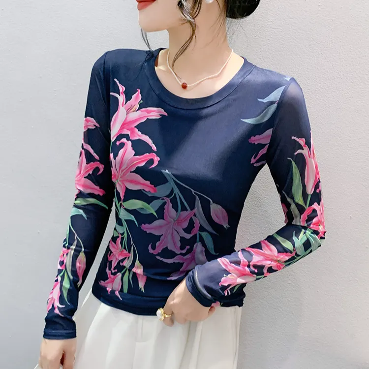 洋气衣服女春秋季高端网纱打底衫时尚百搭气质长袖内搭可外穿上衣