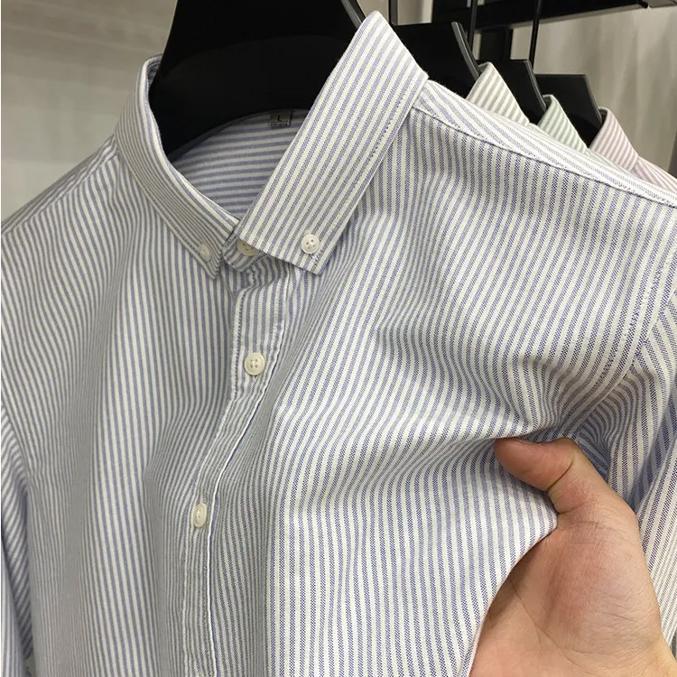 Zero Degree North100%纯棉竖条纹衬衫男士长袖衬衣商务休闲上衣