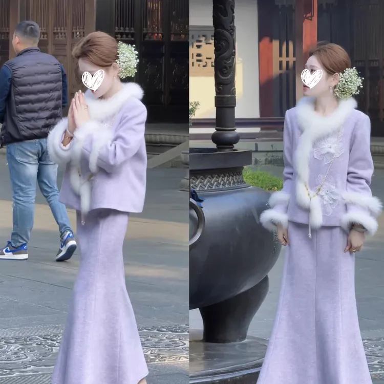 【现货运费险】雪落长安 新中式淡紫毛毛蕾丝花加厚套装