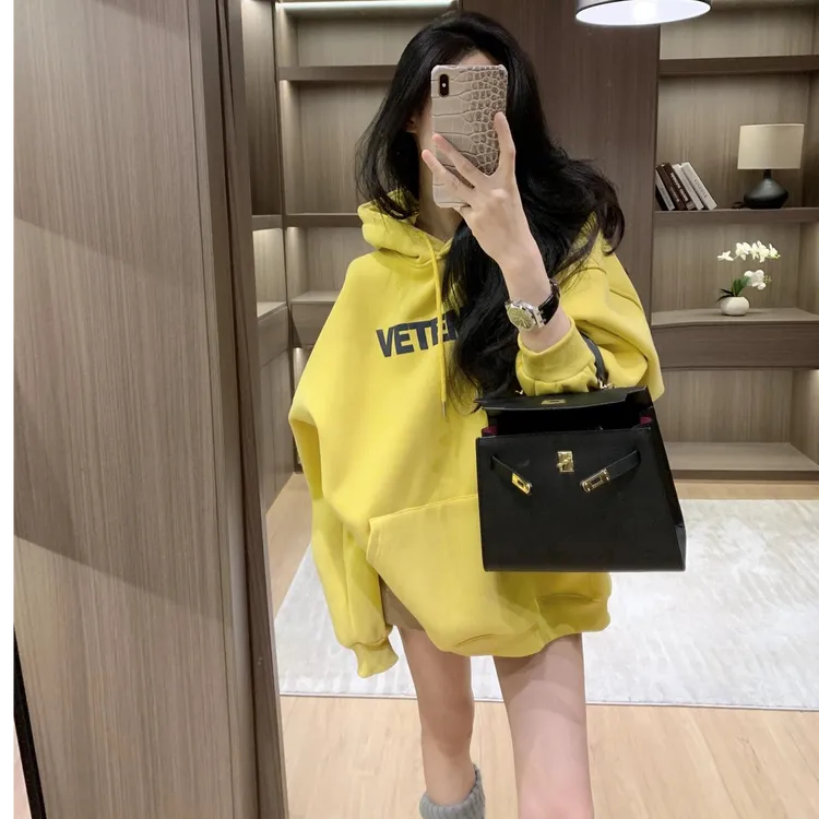网红洋气黄色连帽卫衣女秋冬加绒加厚慵懒风贵气韩版宽松显瘦外套