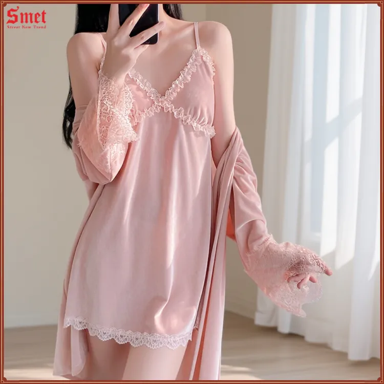 「515」秋冬季金丝绒女士带胸垫性感吊带睡裙舒适家居服睡衣女套装