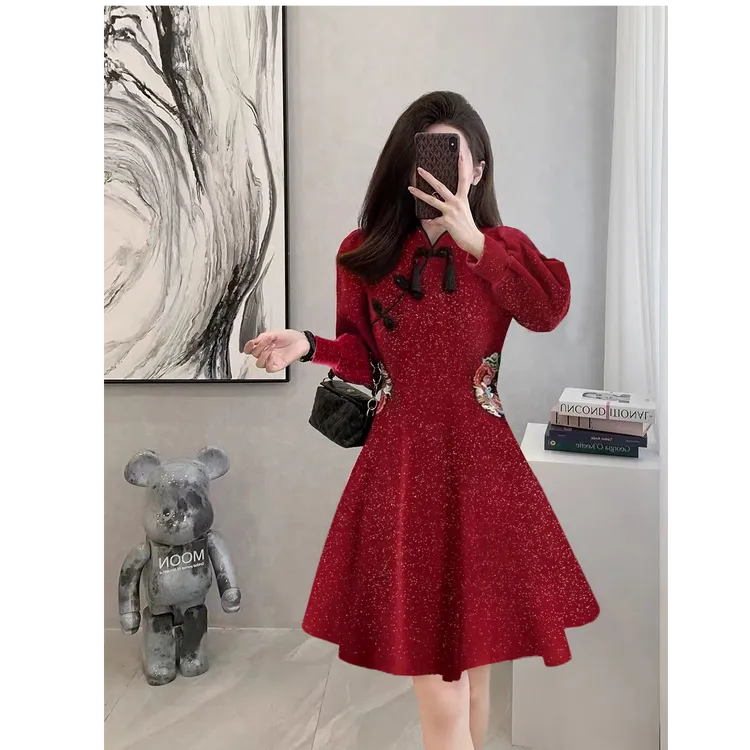 大码甜酷辣秋冬小香风加厚改良A字旗袍连衣裙 3520