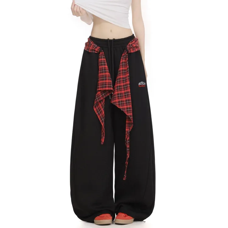 美式复古格子屁帘叠穿弯刀休闲卫裤女宽松嘻哈爵士舞阔腿运动裤子