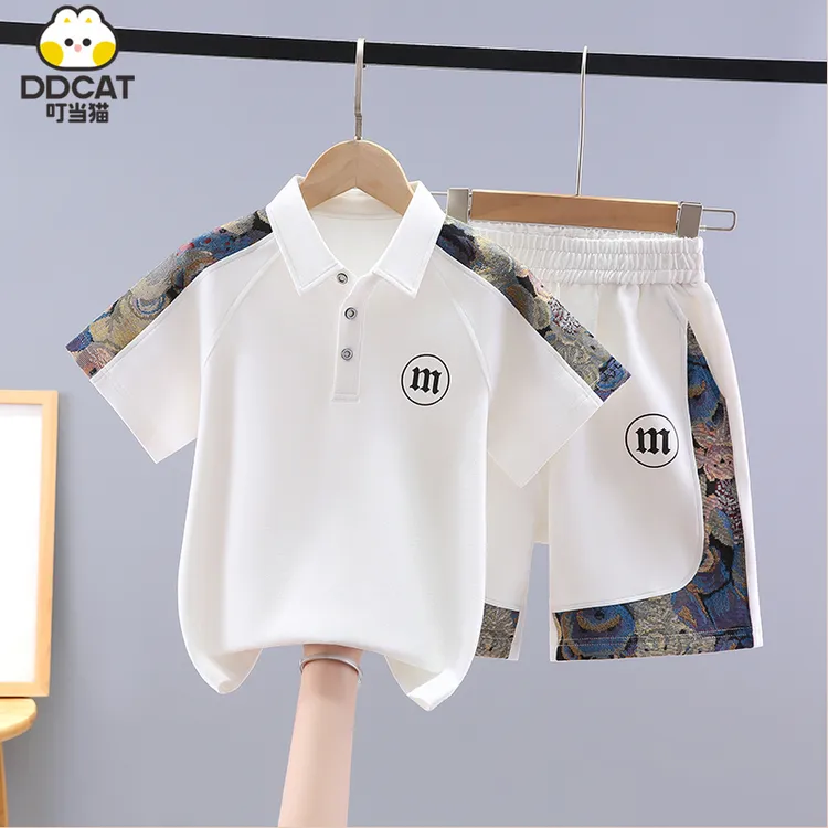 叮当猫男童短袖套装夏装2025新款洋气中大童休闲纯棉Polo衫两件套