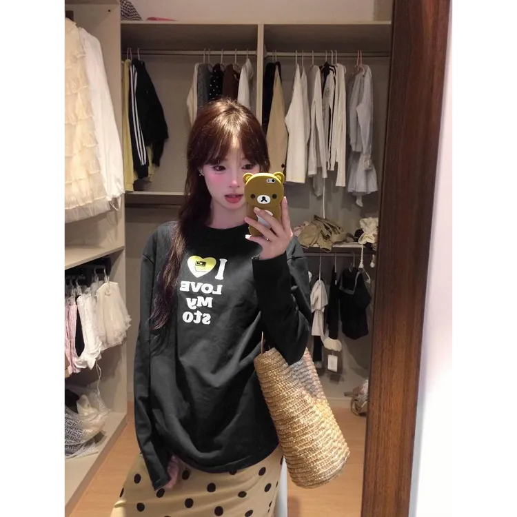 YWBY宽松韩版纯棉情侣款长袖t恤女春秋季爆款简约休闲慵懒风上衣