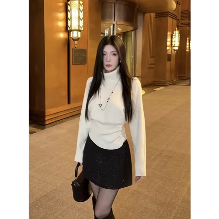 新款辣妹风显气质套装女冬季韩版米白色针织衫半身裙两件套26437