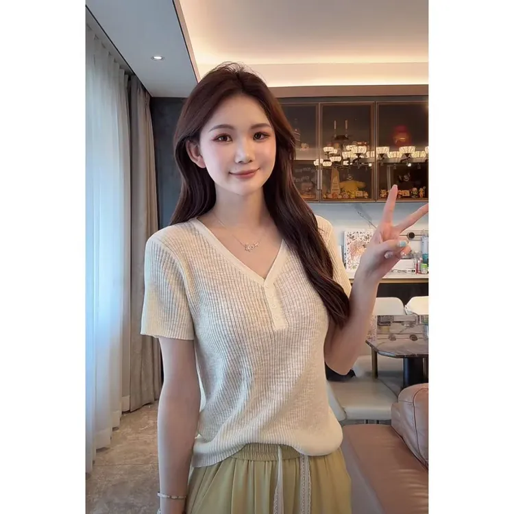 2025春夏冰沙夏季冰凉针织V领短袖设计感薄款针织衫透气上衣H6-65