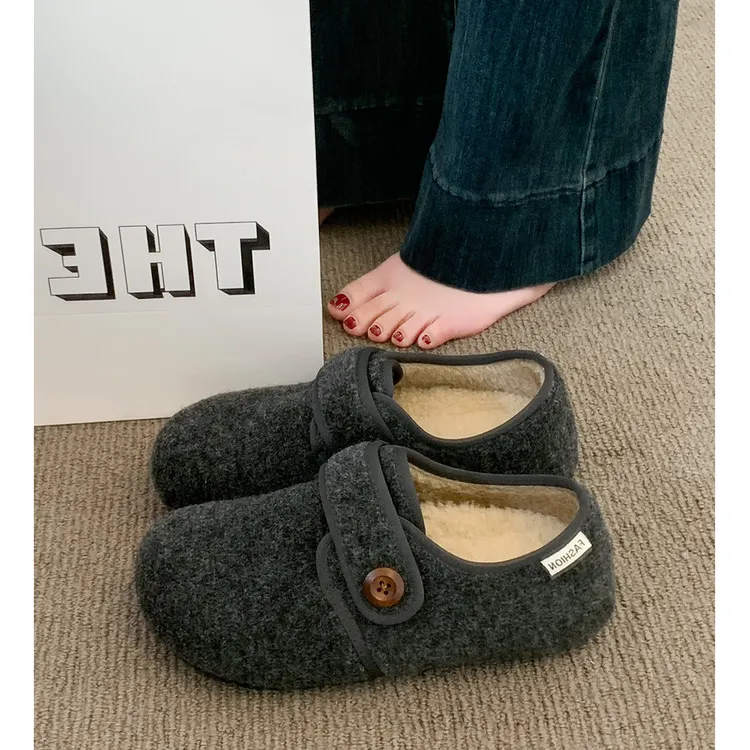 厚底灰色加绒豆豆勃肯鞋女毛毛鞋2025新款秋冬季鞋子保暖乐福棉鞋