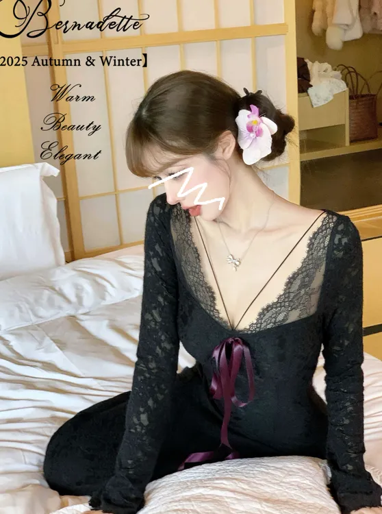 【美纪子】自带胸垫**纯欲性感加绒蕾丝秋冬鱼尾连衣裙3488#