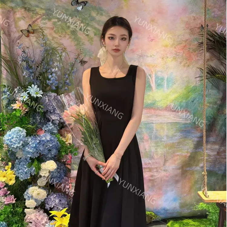 2025夏季法式赫本风连衣裙圆领有设计感长短款裙无袖小众设计师