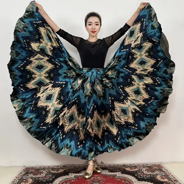 高定版艾德莱斯民族风时尚定位花缎面拼接大摆半身裙/720°带衬裙