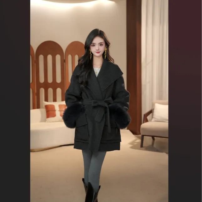 秋冬羊毛双面呢大衣女牦牛绒慵懒风大翻领通勤中长款外套BSL100