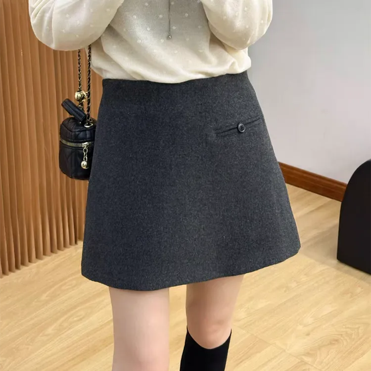 一粒扣毛呢半身裙女2025秋冬新款高腰显瘦防走光A字半身裙靴裙