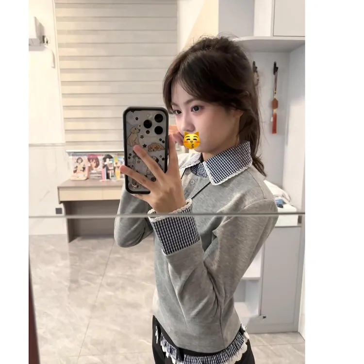 春秋miu系格纹假两件拼接磨毛加绒长袖上衣搭双腰头花边长裤套装