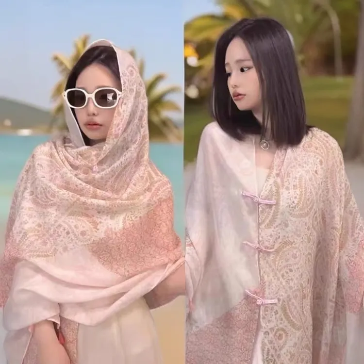 多功能夏季防晒披肩海边百搭薄款丝巾民族风女旅游穿搭粉色透气
