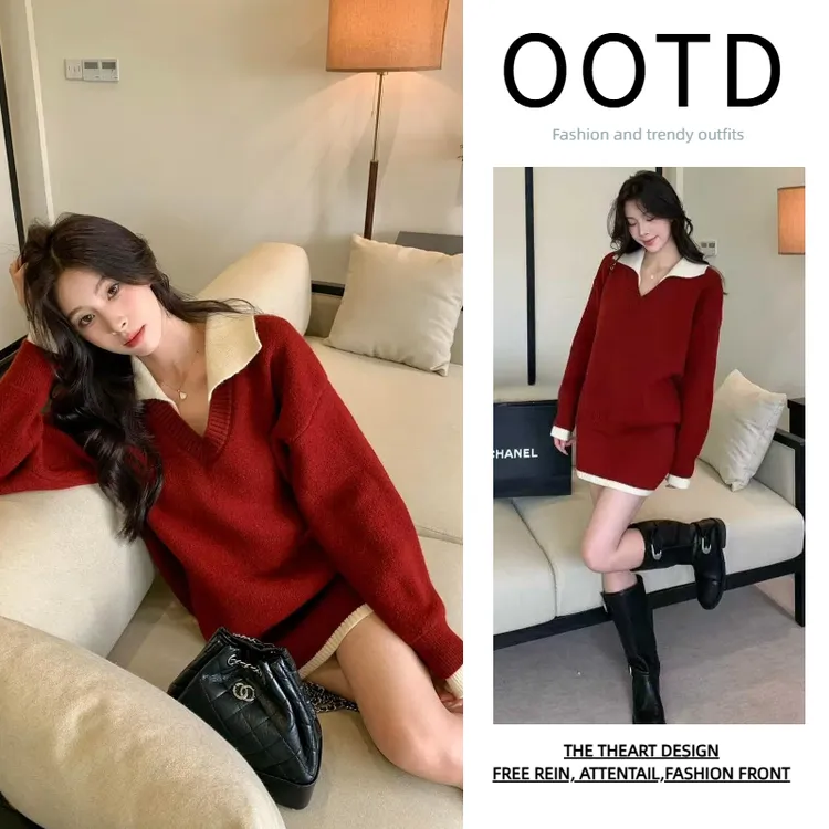 红色圣诞穿搭新年毛衣针织套装裙连衣裙韩系一整套深冬穿搭H10130