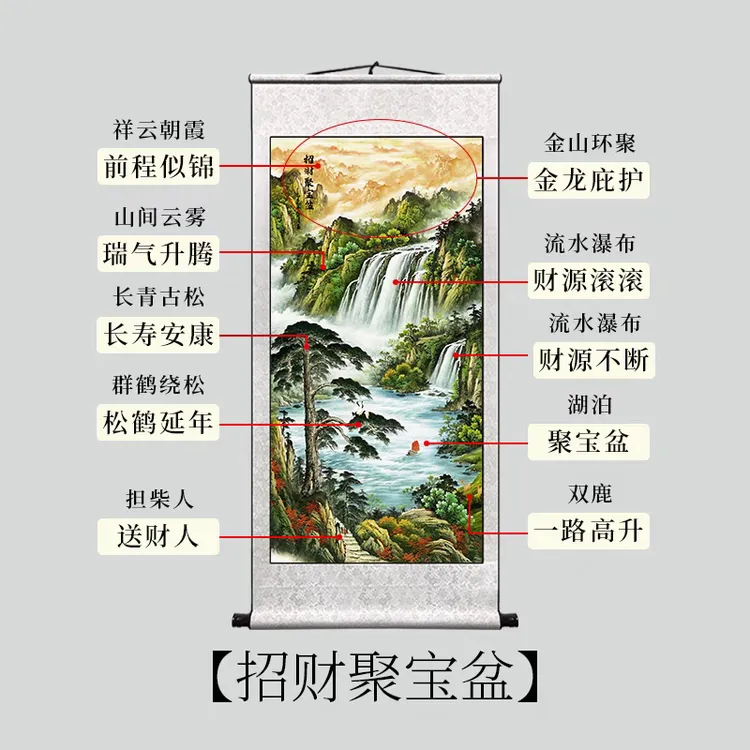 竖版入户玄关西墙聚财山水画流水生财客厅风水挂画靠山风景装饰画