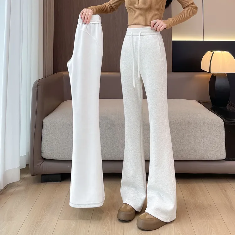 白灰色微喇叭裤女秋冬加绒2025新款高腰显瘦阔腿马蹄休闲运动卫裤