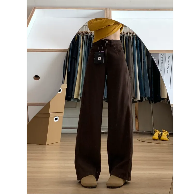 美拉德咖色加绒弯刀牛仔裤高腰女2025秋冬新款百搭加厚宽松香蕉裤