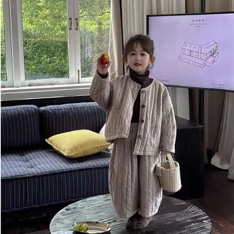 女童套装2025秋冬新款儿童韩版圆领夹棉棉服棉衣宝宝加厚两件套潮