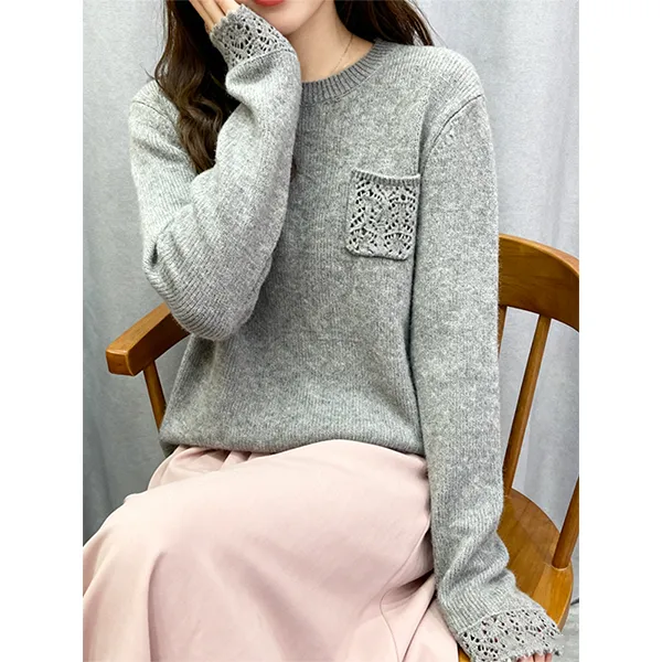 大码胖MM甜美时尚女士秋冬季圆领袖口钩花镂空上衣长袖欧货针织衫