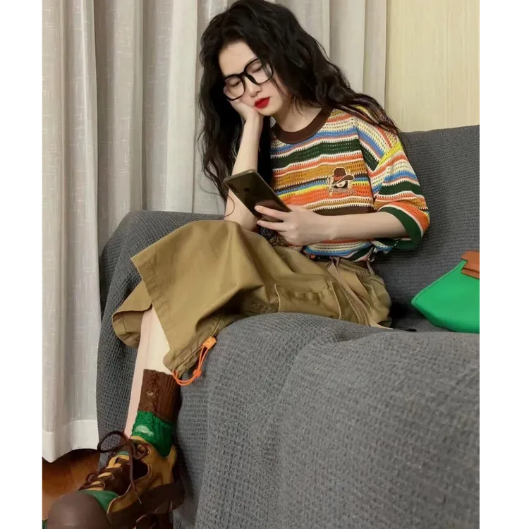 夏装搭配一整套撞色条纹短袖T恤工装半身裙小个子减龄套装女新款