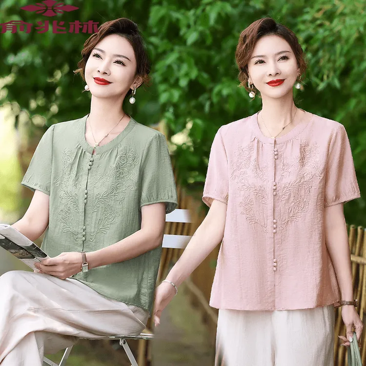 俞兆林妈妈夏装套装衬衣高档短袖小衫中老年女新中式妈妈装夏季