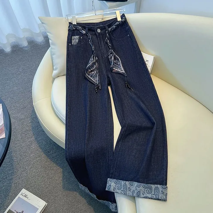 丹宁风印花窄版阔腿牛仔裤女2025秋季新款弹力高腰宽松显瘦直筒裤