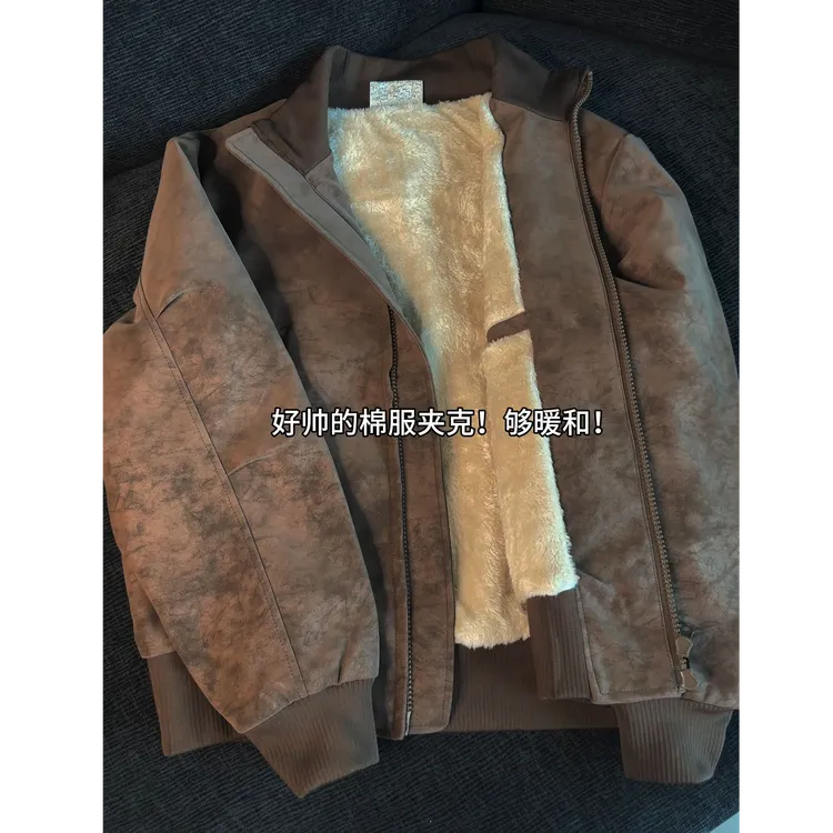 美式短款扎染皮衣夹克廓形冬季男款外套加绒保暖皮衣棒球飞行棉服