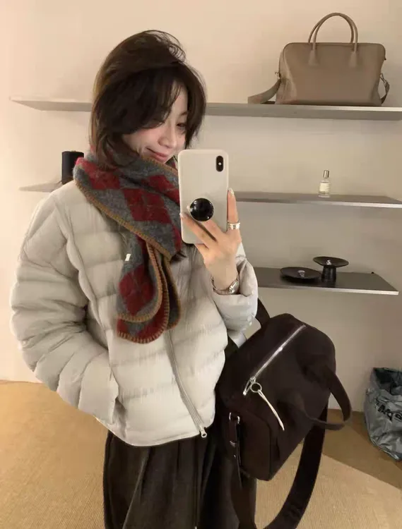 2025東大门羊毛混纺锁边菱形格子围巾ins氛围感围脖保暖情侣披肩