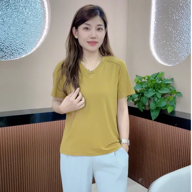 怡特美夏季防紫外线冰感比特棉大码休闲舒适V领女装短袖T恤FS8912
