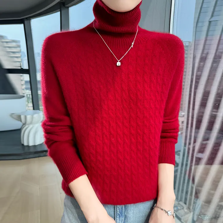 秋冬季厚款100%羊绒衫女高领宽松时尚百搭提花针织毛衣内搭打底衫