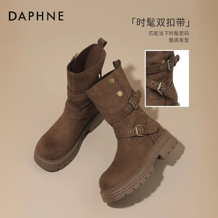 达芙妮品牌正品西部靴女靴25新款秋季厚底增高复古短靴百搭马丁靴